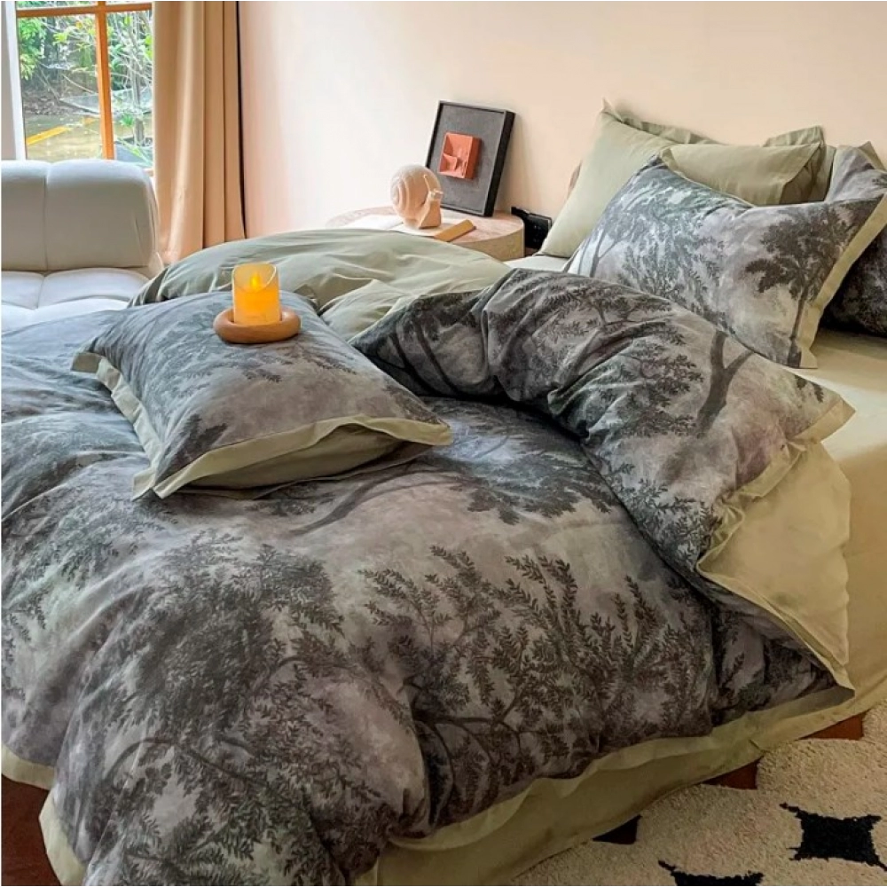 Luxury Long Staple Cotton Bedding 4Pcs Brushed Natural Soft Chic Forest printed Duvet cover Bed Sheet Pillowcases Double Queen