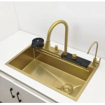 Gold LED Waterfall Kitchen Sink Large Single basin honeycomb anti-scratch nano technology Stainless Steel Sink LED Faucet