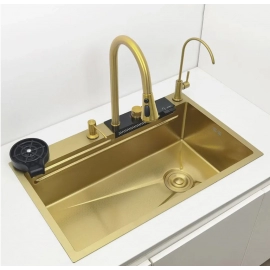 Gold LED Waterfall Kitchen Sink Large Single basin honeycomb anti-scratch nano technology Stainless Steel Sink LED Faucet