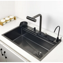 LED Waterfall Kitchen Sink 4 Modes Faucet Large Single basin honeycomb anti-scratch nano technology 304 Stainless Steel Sink