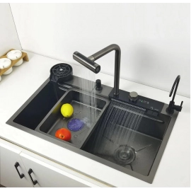 LED Waterfall Kitchen Sink 4 Modes Faucet Large Single basin honeycomb anti-scratch nano technology 304 Stainless Steel Sink