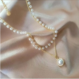 2024 New Women's Pearl Necklace  Gold Color Beads Pendant Necklaces  Double Layer Chain Choker for Women Fashion Jewelry